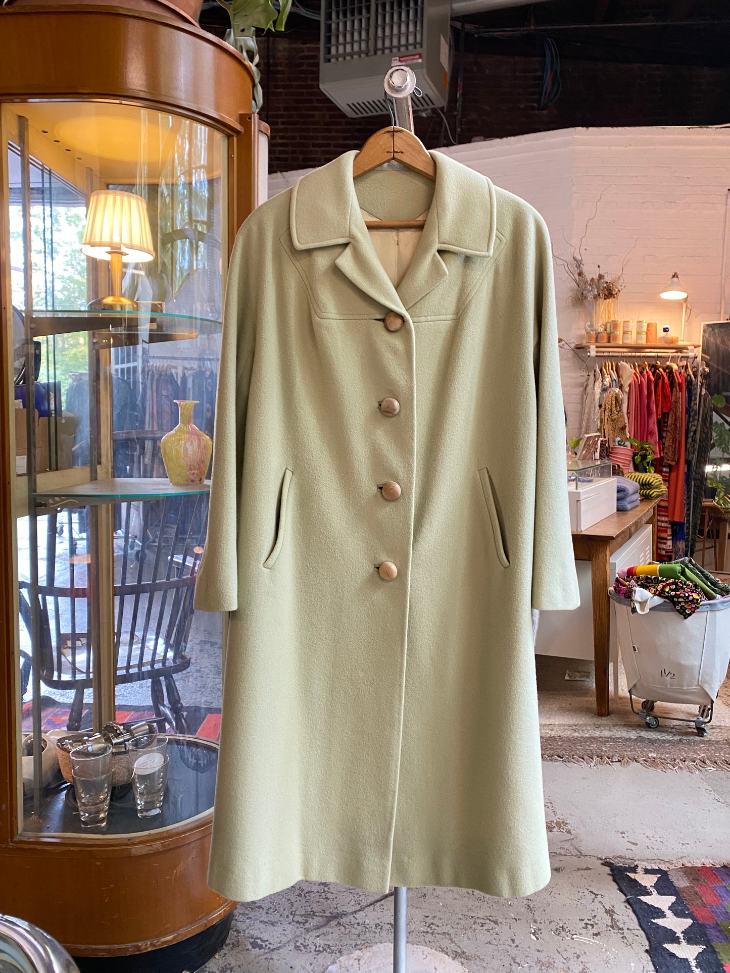 Pale Spring Green Cashmere Coat with Wooden Buttons