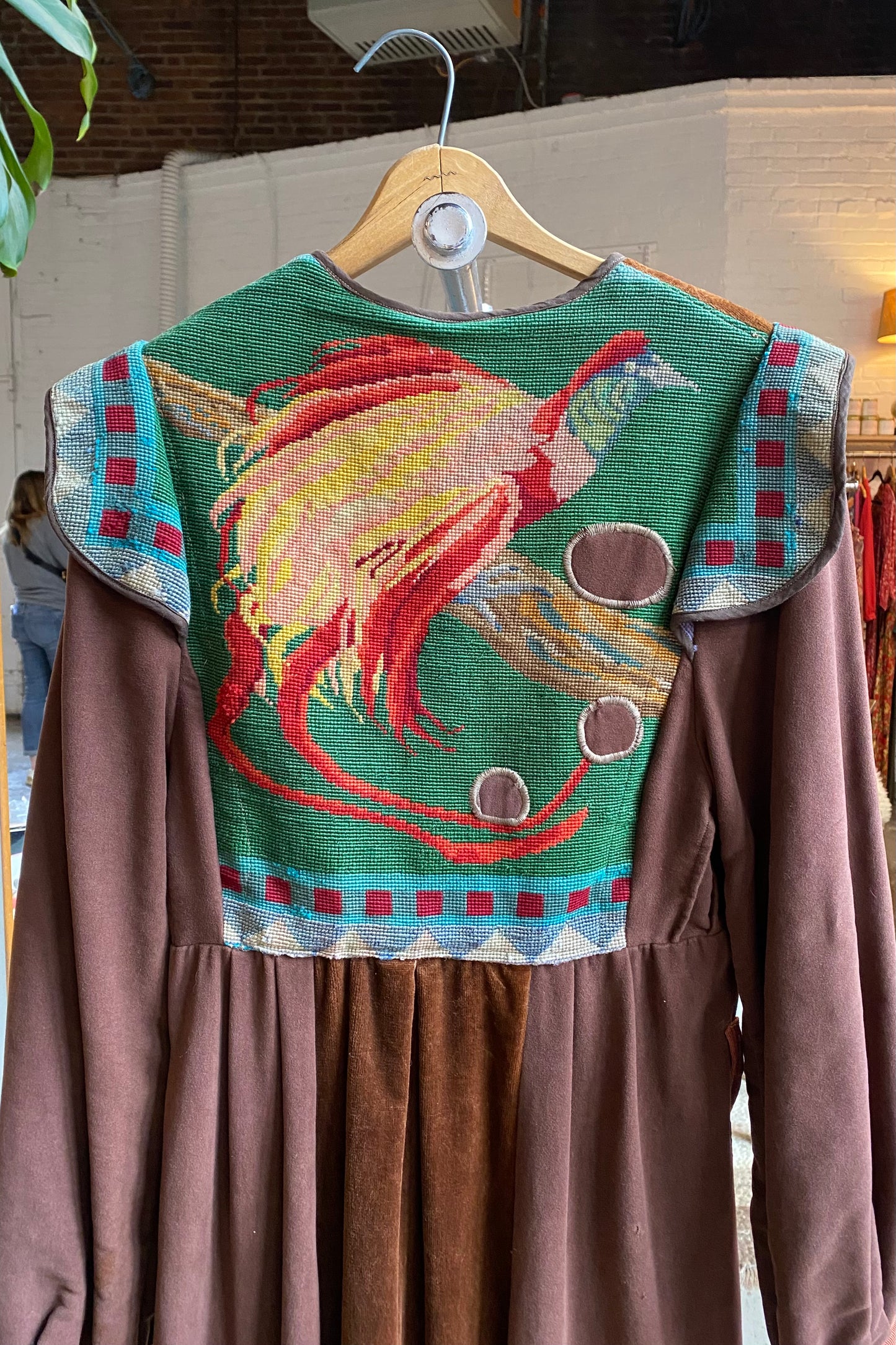 needlepoint phoenix long coat, mid century costume