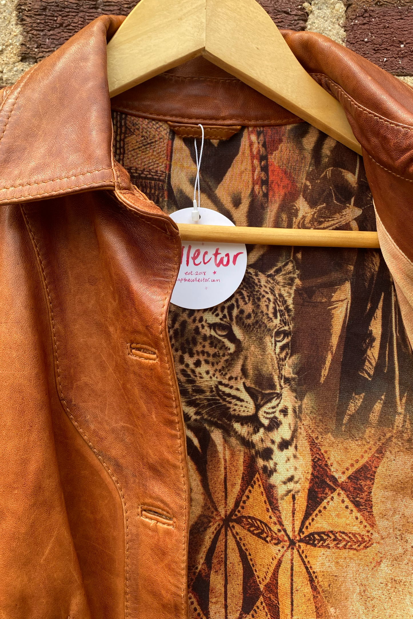 Vintage Cognac Leather Jacket with Leopard Lining