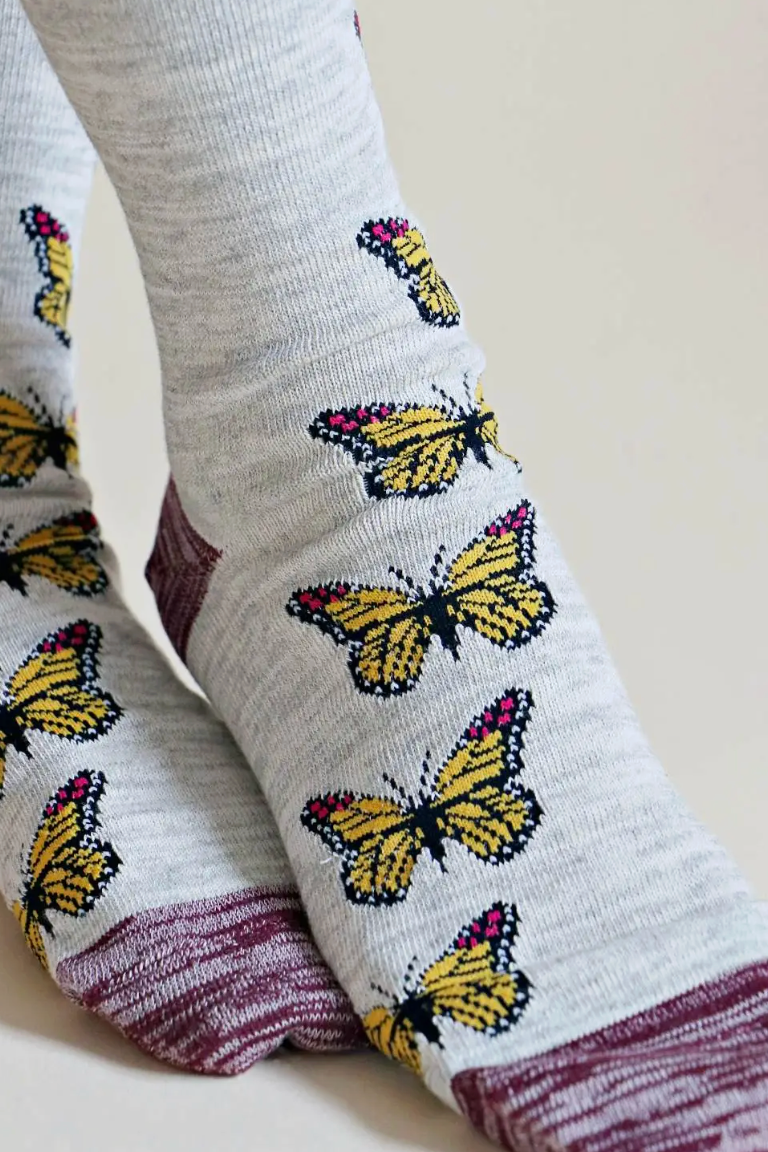 Replant Pairs Monarch Butterfly Crew Sock (Light Grey)