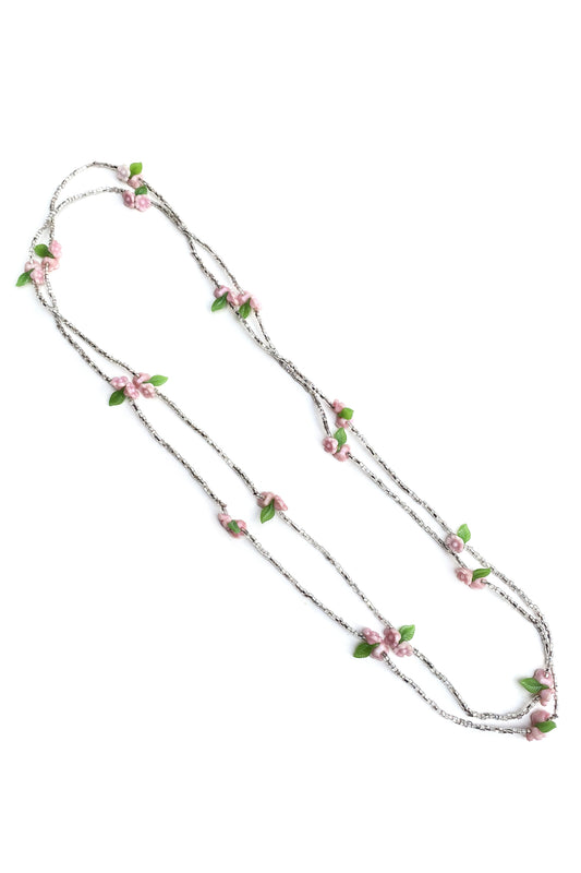 silver seed bead long necklace with pink flowers