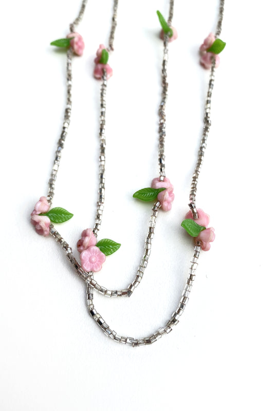 silver seed bead long necklace with pink flowers