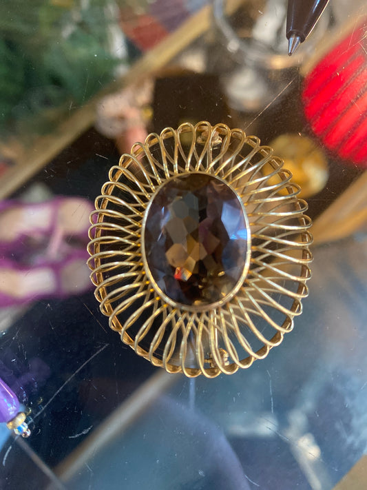 18k Gold Brooch Topaz / Smokey Quartz Modern 50's