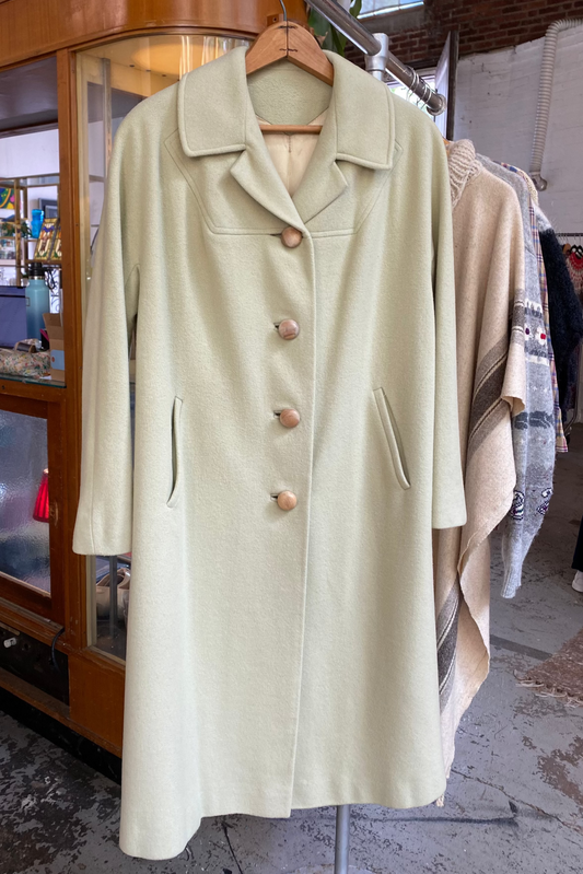 Pale Spring Green Cashmere Coat with Wooden Buttons