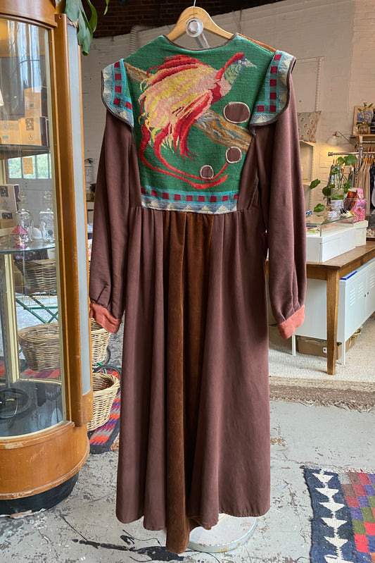 needlepoint phoenix long coat, mid century costume