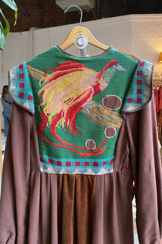 needlepoint phoenix long coat, mid century costume