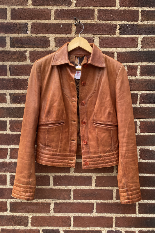 Vintage Cognac Leather Jacket with Leopard Lining