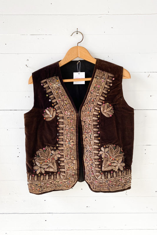 Embroidered Brown Velvet Vest