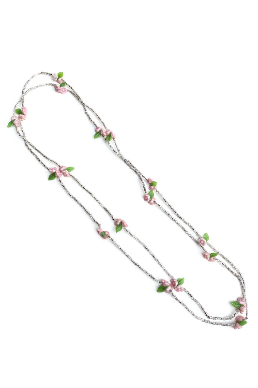 silver seed bead long necklace with pink flowers