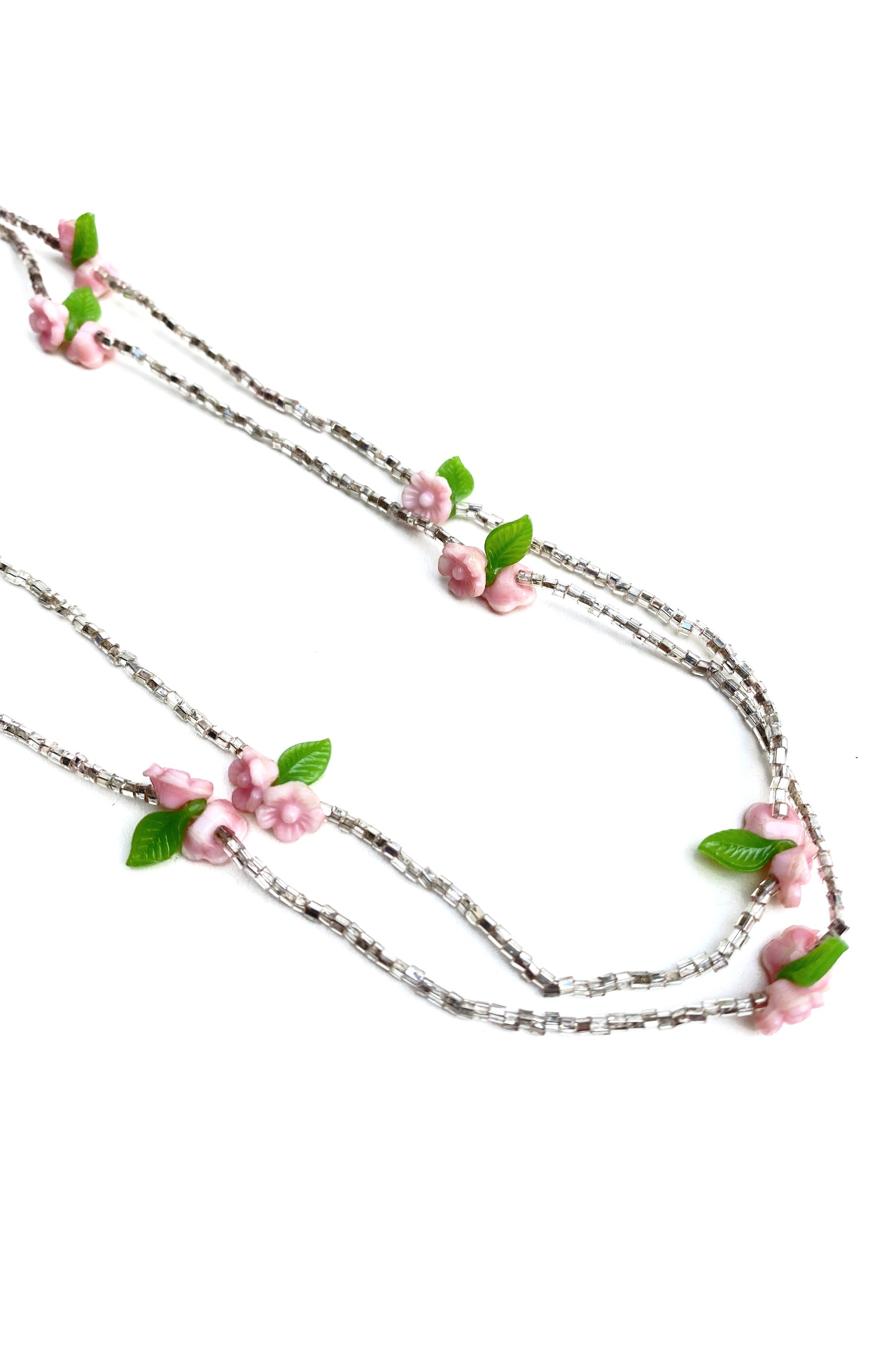 silver seed bead long necklace with pink flowers