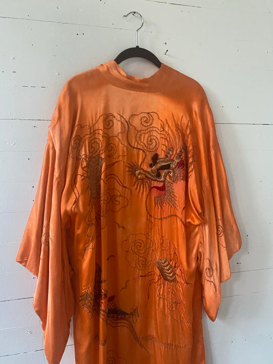 Orange Silk Kimono with Embroidered Dragon