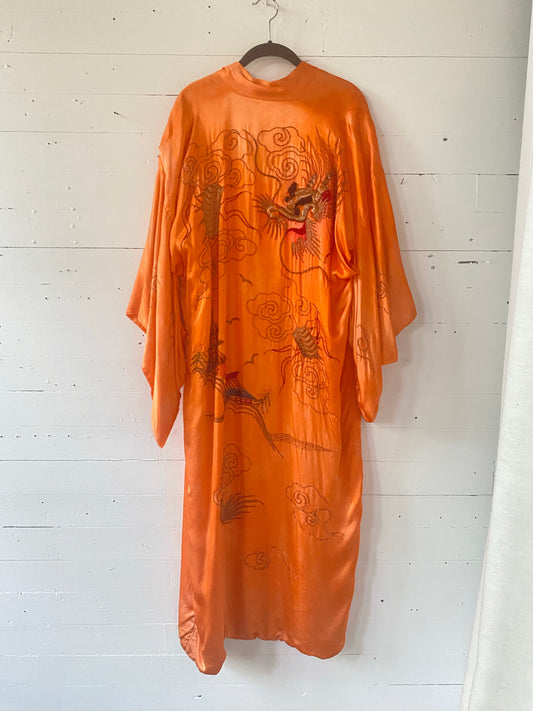 Orange Silk Kimono with Embroidered Dragon
